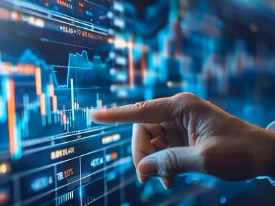 A hand pointing at a glowing stock chart